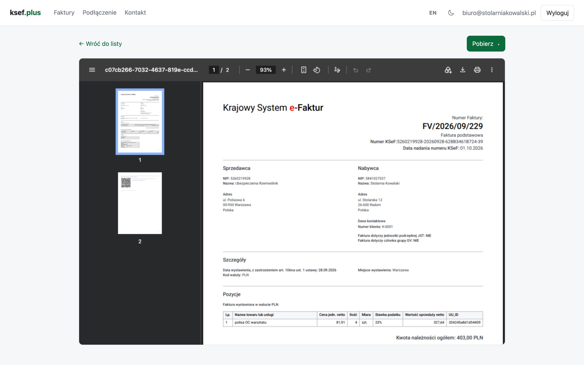 Podgląd faktury jako PDF w ksef.plus
