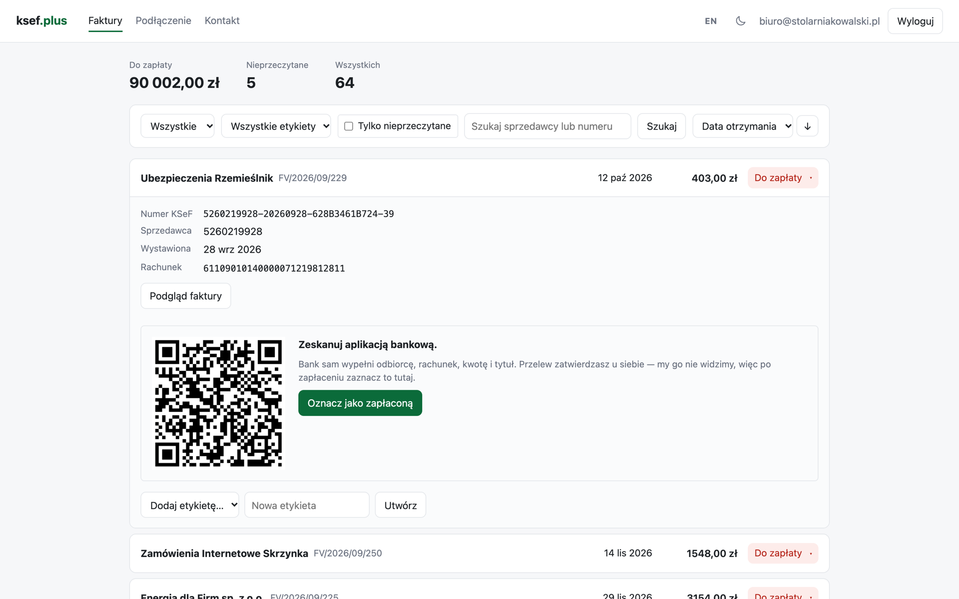 Rozwinięta faktura z kodem QR do przelewu
